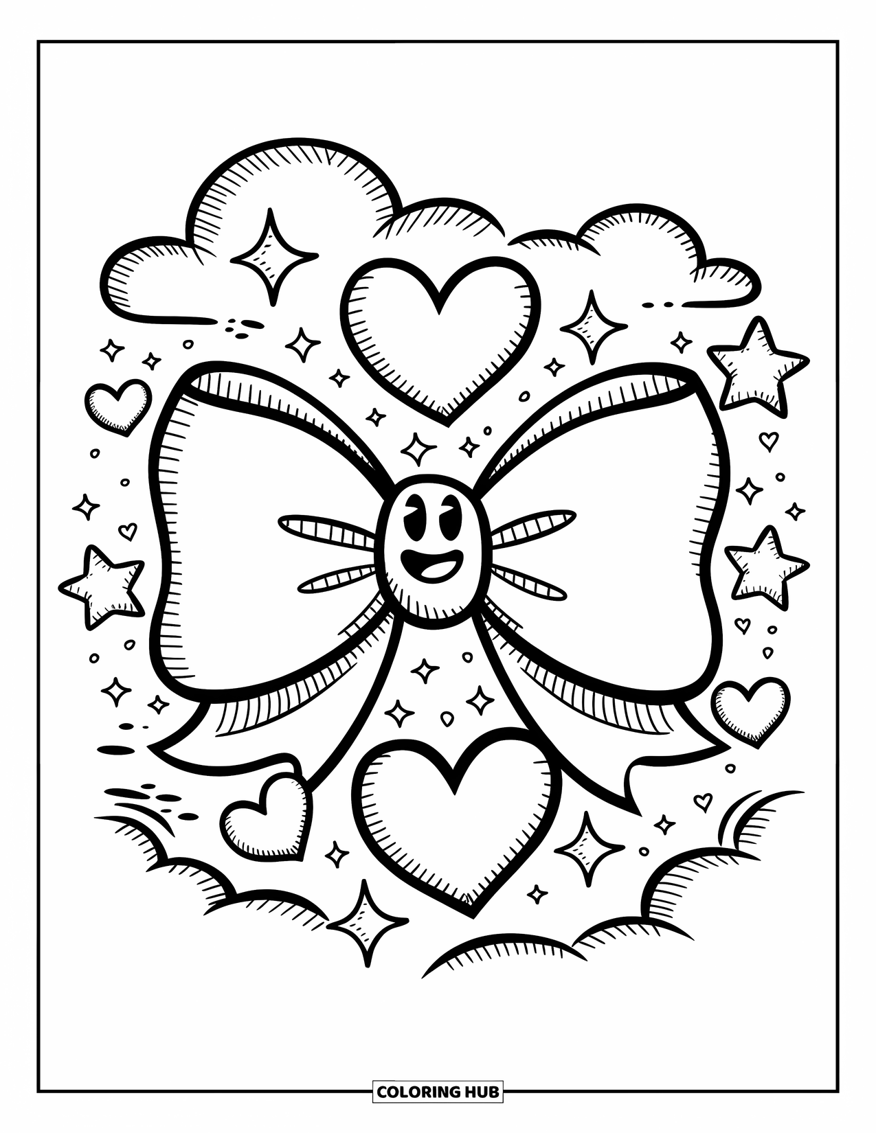 Bow Coloring Page for Adults: A big, fluffy bow with a smiling face, glowing stars, and playful heart-shaped sparkles