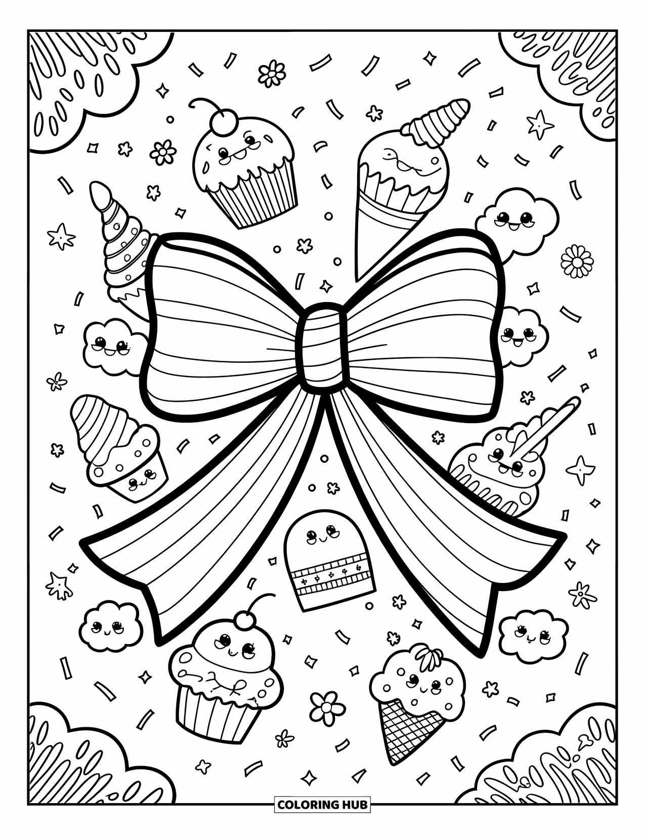 Bow Coloring Page for Adults: A cheerful bow surrounded by adorable sweets, each with tiny faces and playful expressions