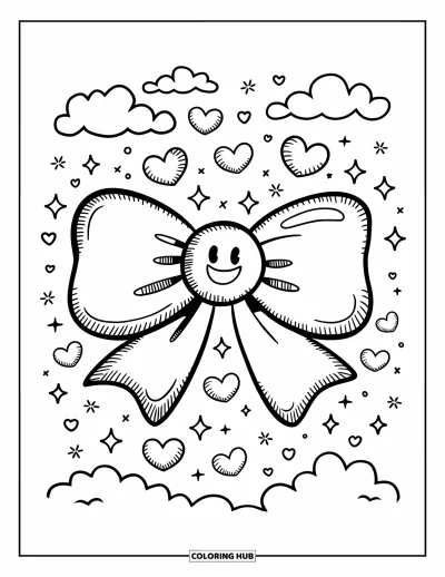 Dibujo de lazo para colorear para adultos: Un lazo alegre con una cara feliz, flotando en un cielo de ensueño lleno de corazones y destellos