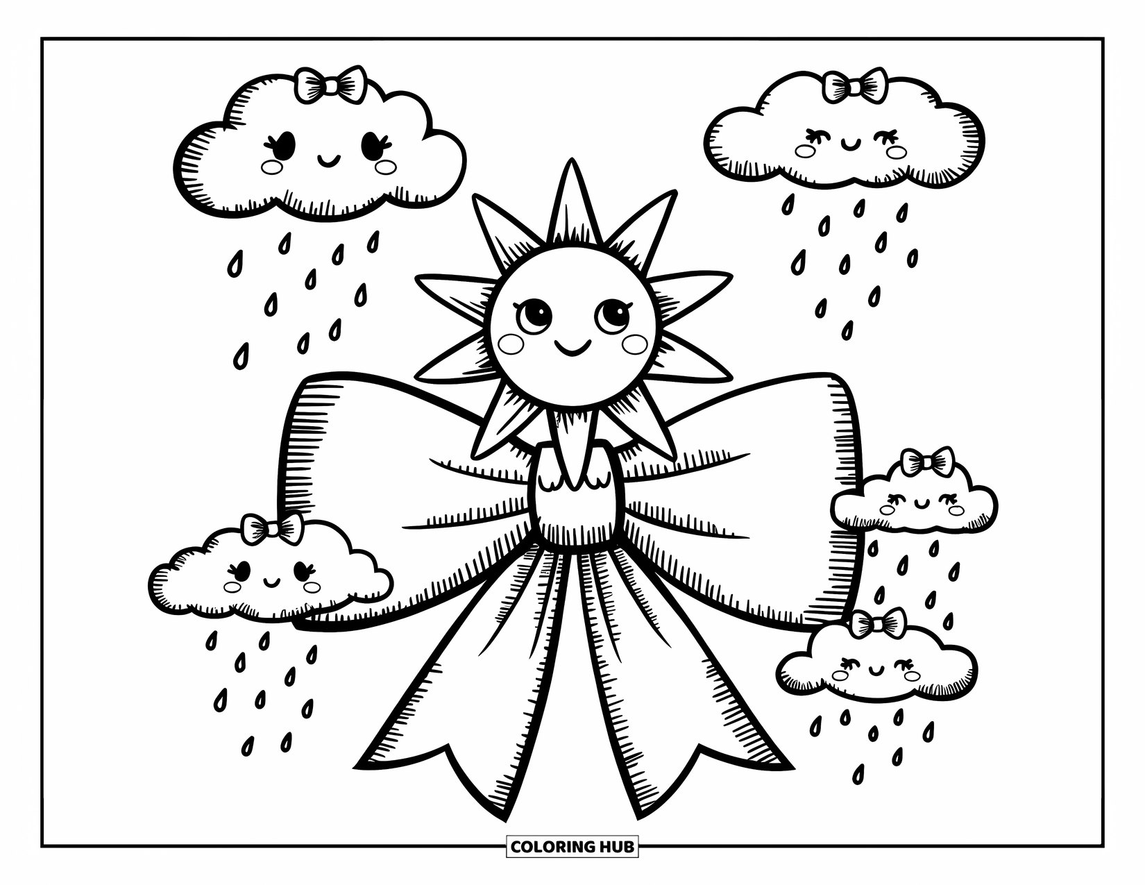 Bow Coloring Page for Adults: A cheerful chibi sun perched on a bow, with soft clouds and falling heart-shaped raindrops