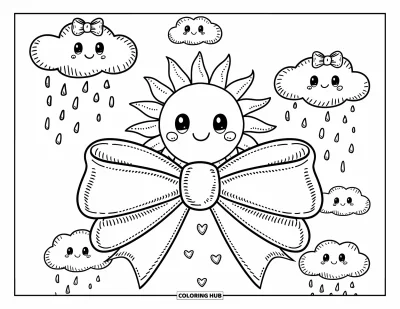 Dibujo de lazo para colorear para adultos: Un sol estilo chibi sentado en un gran lazo decorativo, rodeado de nubes esponjosas y gotas de lluvia en forma de corazón