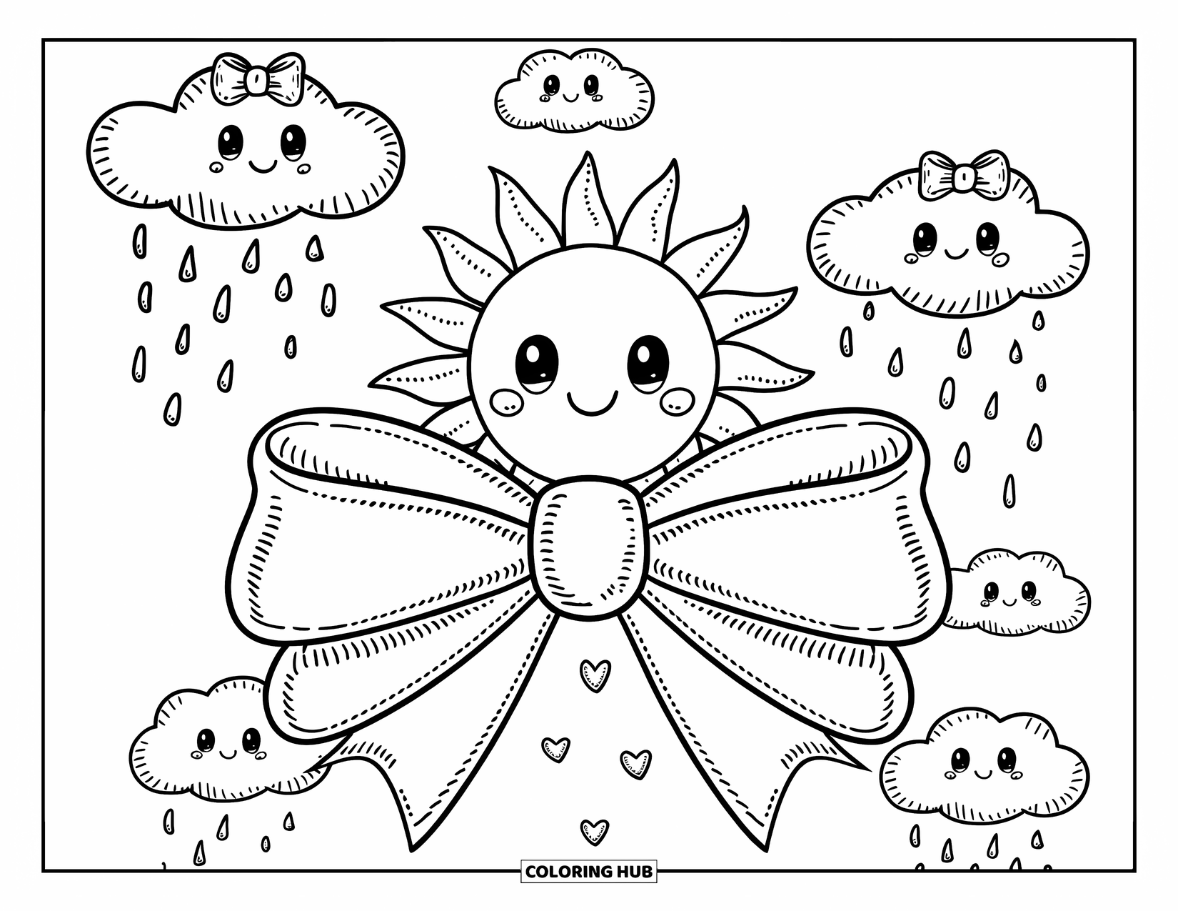 Bow Coloring Page for Adults: A chibi-style sun sitting on a big decorative bow, surrounded by fluffy clouds and heart-shaped raindrops