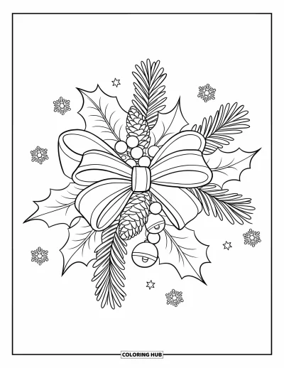 Dibujo de lazo para colorear para adultos: Un lazo navideño con hojas de acebo, piñas y campanas tintineantes, adornado con detalles de copos de nieve