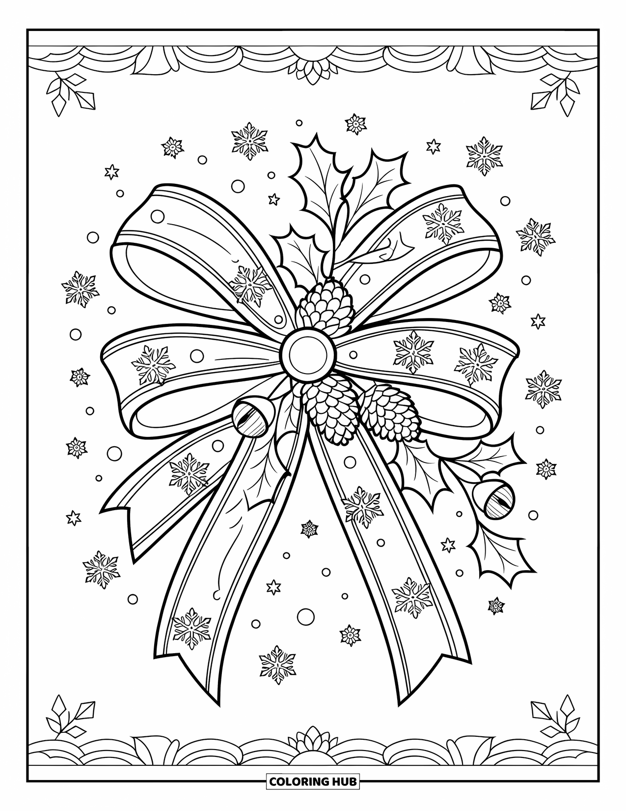 Bow Coloring Page for Adults: A Christmas bow with intricate patterns, surrounded by seasonal decorations and festive elements