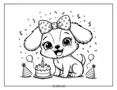 Dibujo de lazo para colorear para adultos: Un cachorro lindo con un lazo festivo, sentado emocionado junto a un pastel, globos y confeti