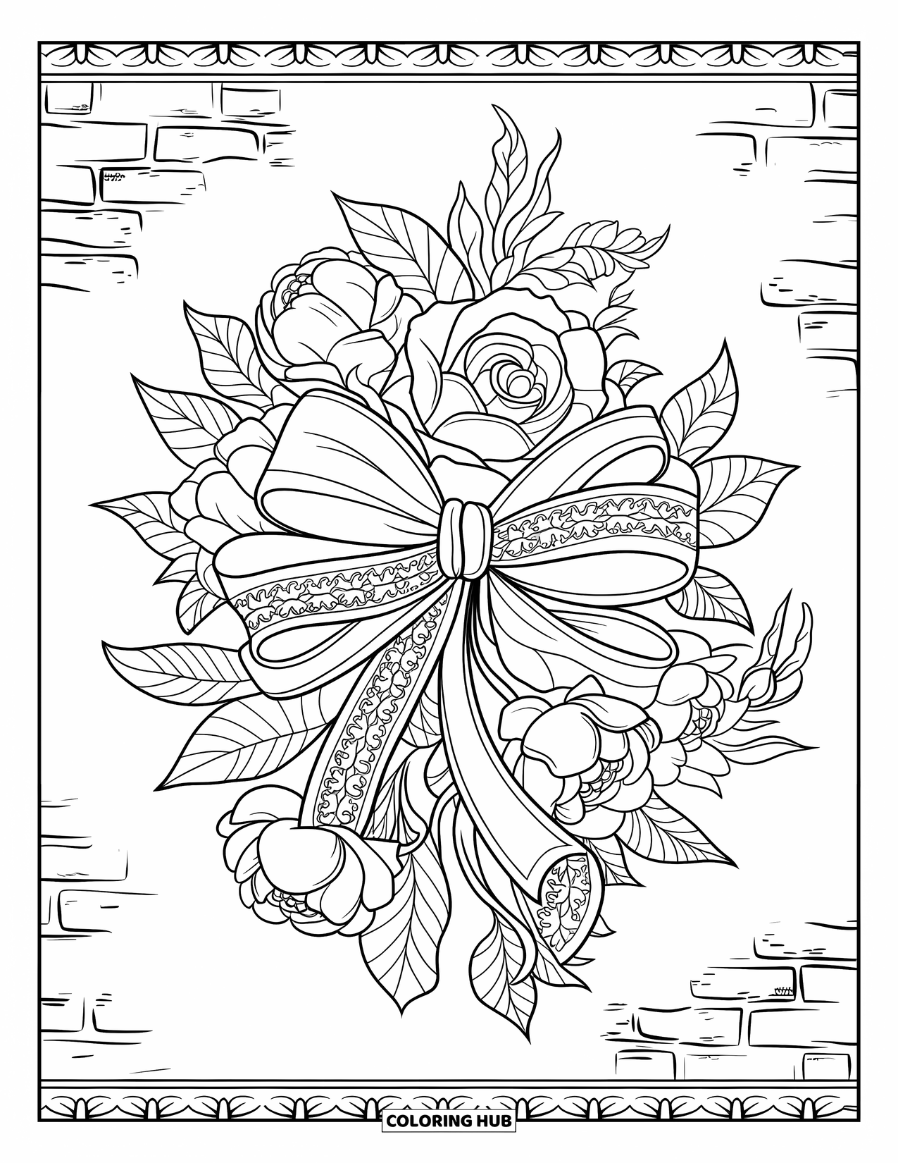 Bow Coloring Page for Adults: A decorative bow intertwined with blooming roses, peonies, and delicate leaves