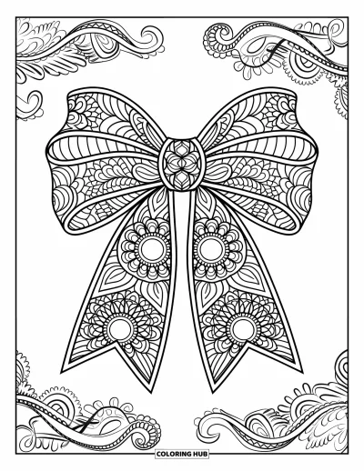 Dibujo de lazo para colorear para adultos: Un lazo decorativo con elementos de mandala y paisley, creando un diseño intrincado y elegante