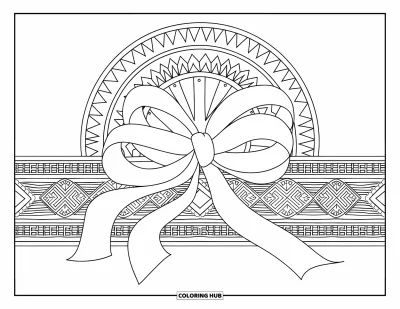 Dibujo de lazo para colorear para adultos: Un lazo decorativo con patrones tribales, colocado en un borde detallado con motivos circulares