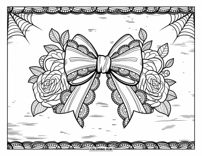 Dibujo de lazo para colorear para adultos: Un lazo de encaje dramático rodeado de rosas góticas y delicadas telarañas