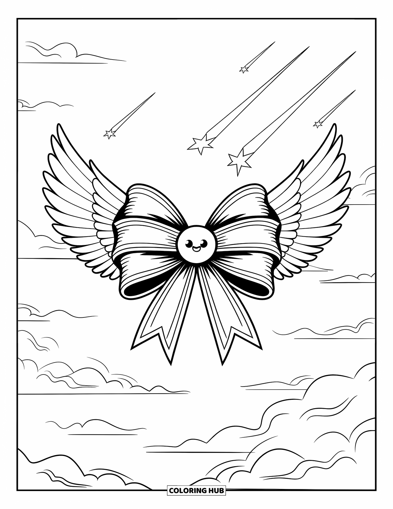 Bow Coloring Page for Adults: A dreamy bow with angel wings and dangling charms, floating among fluffy clouds and stars