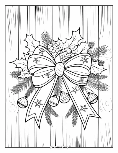 Dibujo de lazo para colorear para adultos: Un lazo festivo decorado con acebo, piñas y campanas, descansando sobre una superficie de madera