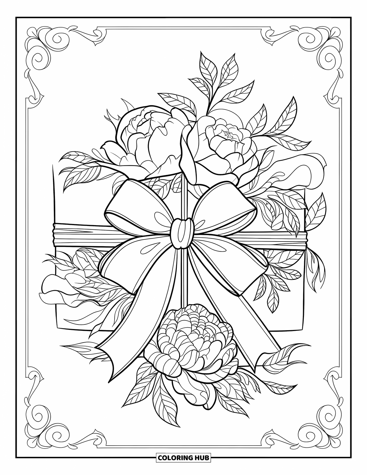 Bow Coloring Page for Adults: A floral-inspired bow resting on a gift, surrounded by swirling vines and delicate roses