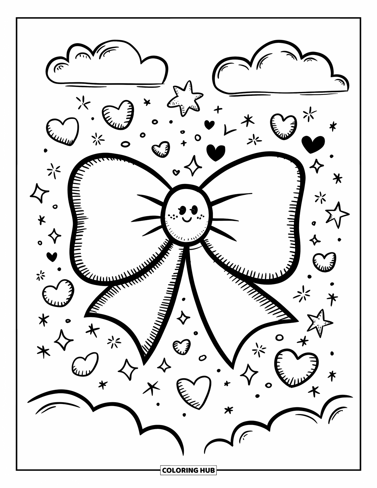Bow Coloring Page for Adults: A happy bow with a cheerful face, drifting among stars, floating hearts, and fluffy clouds
