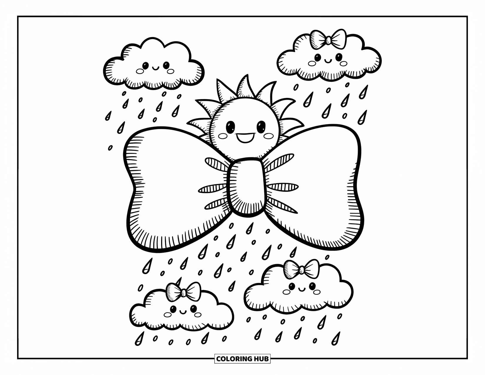 Bow Coloring Page for Adults: A happy sun sitting atop a bow, floating among clouds and tiny heart-shaped raindrops