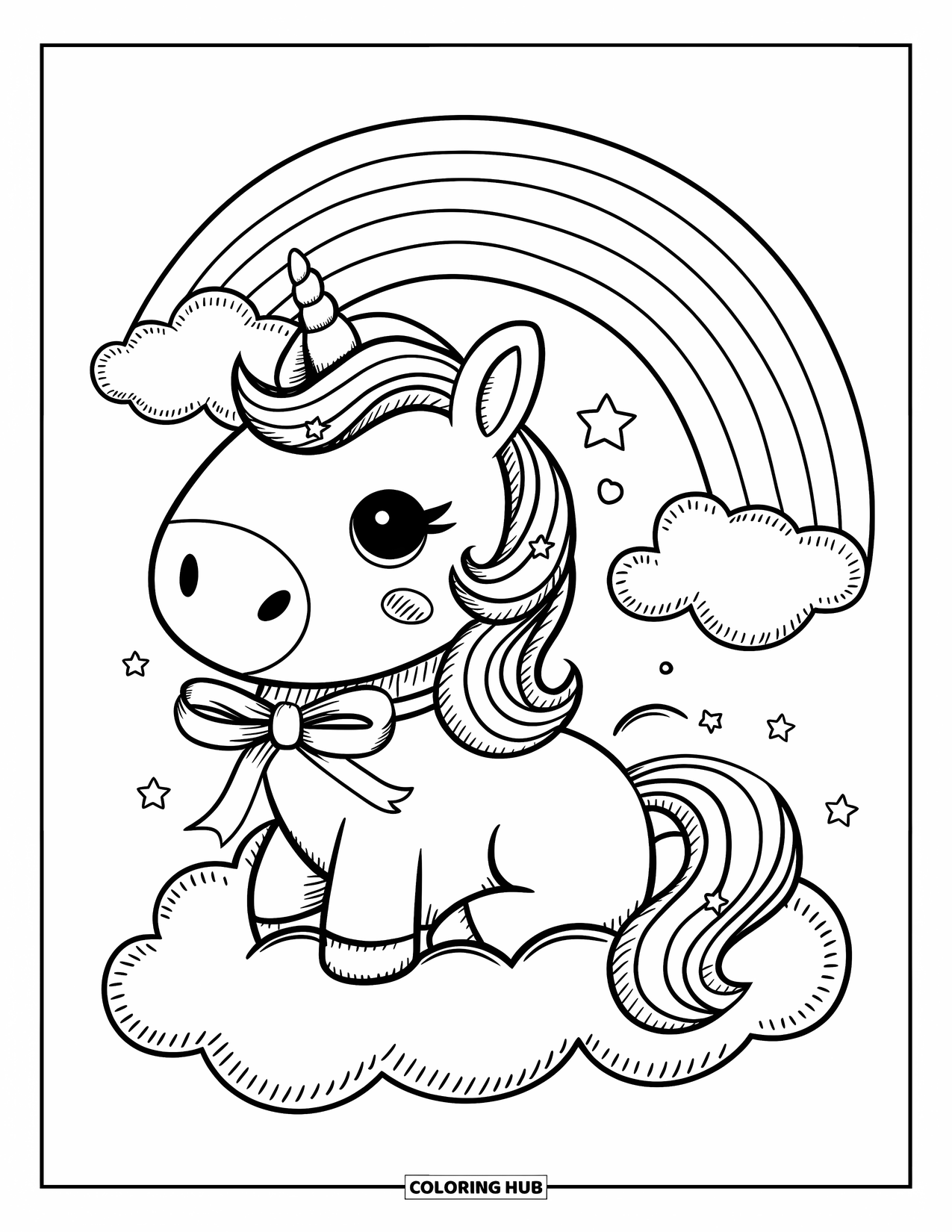 Bow Coloring Page for Adults: A happy unicorn resting on a fluffy cloud, with a starry tail and a soft ribbon bow