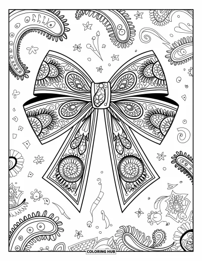 Dibujo de lazo para colorear para adultos: Un lazo muy detallado con patrones simétricos, sobre un fondo de motivos arremolinados