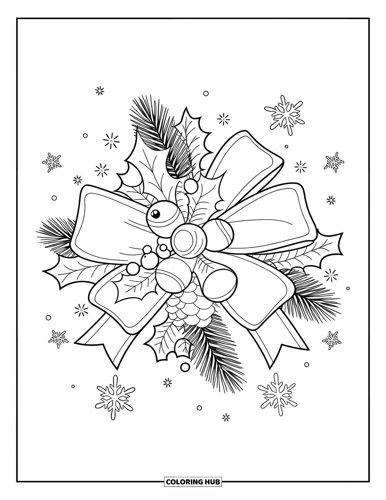Bow Coloring Page for Adults: A holiday-themed bow with holly, pinecones, and bells, designed with clean, bold outlines
