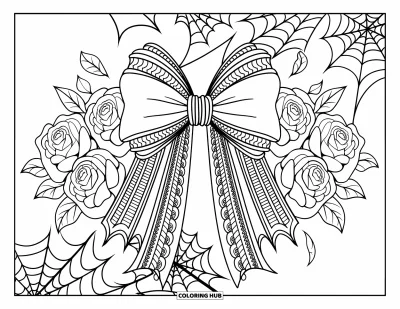 Dibujo de lazo para colorear para adultos: Un lazo adornado con encaje con rosas góticas y telarañas, diseñado para una experiencia de coloreado creativa