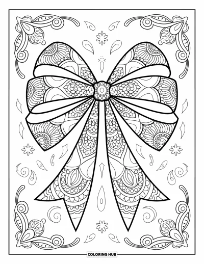Dibujo de lazo para colorear para adultos: Un lazo inspirado en mandalas con detalles simétricos intrincados y acentos ornamentales