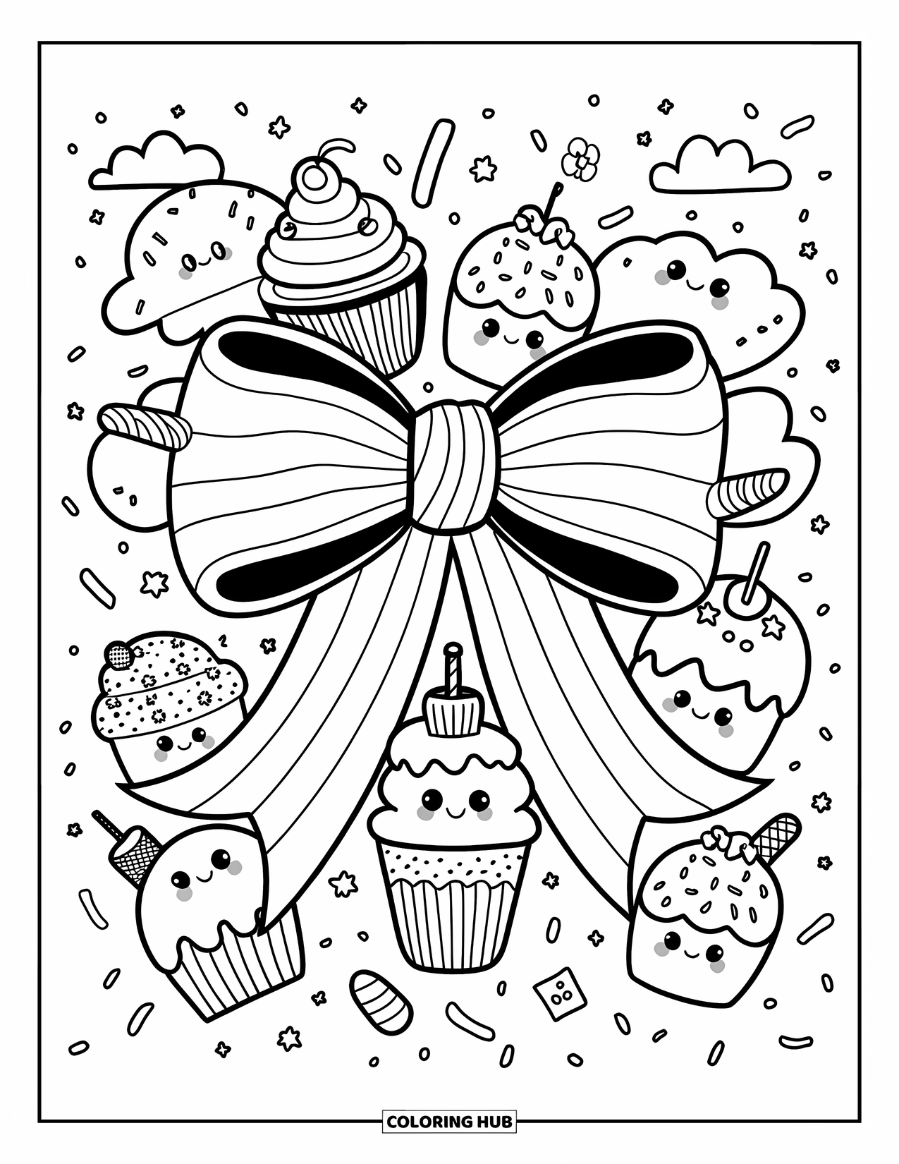 Bow Coloring Page for Adults: A playful bow floating among cute desserts, with sprinkles, confetti, and sparkly clouds