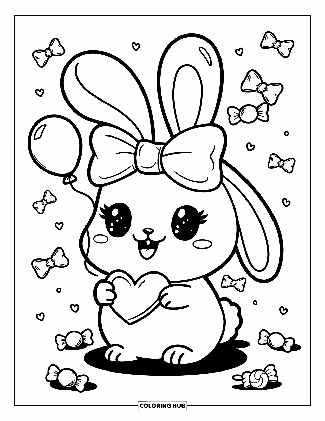 Bow Coloring Page for Adults: A playful bunny with a fluffy bow, holding a heart balloon and surrounded by sweets