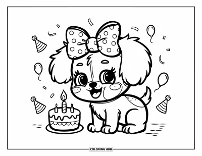 Dibujo de lazo para colorear para adultos: Un cachorro juguetón en una escena de fiesta, usando un gran lazo y rodeado de decoraciones de cumpleaños