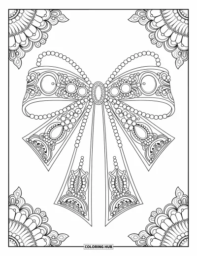 Dibujo de lazo para colorear para adultos: Un lazo real con grabados intrincados, perlas y piedras preciosas, diseñado con detalles reales