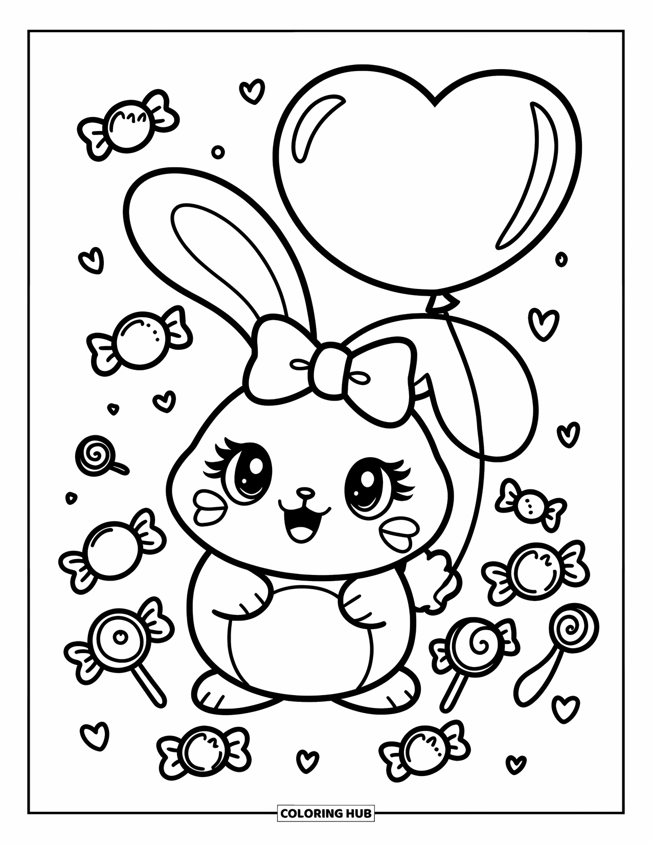 Bow Coloring Page for Adults: A round, chubby bunny with a big bow, floating with tiny bows, candies, and lollipops