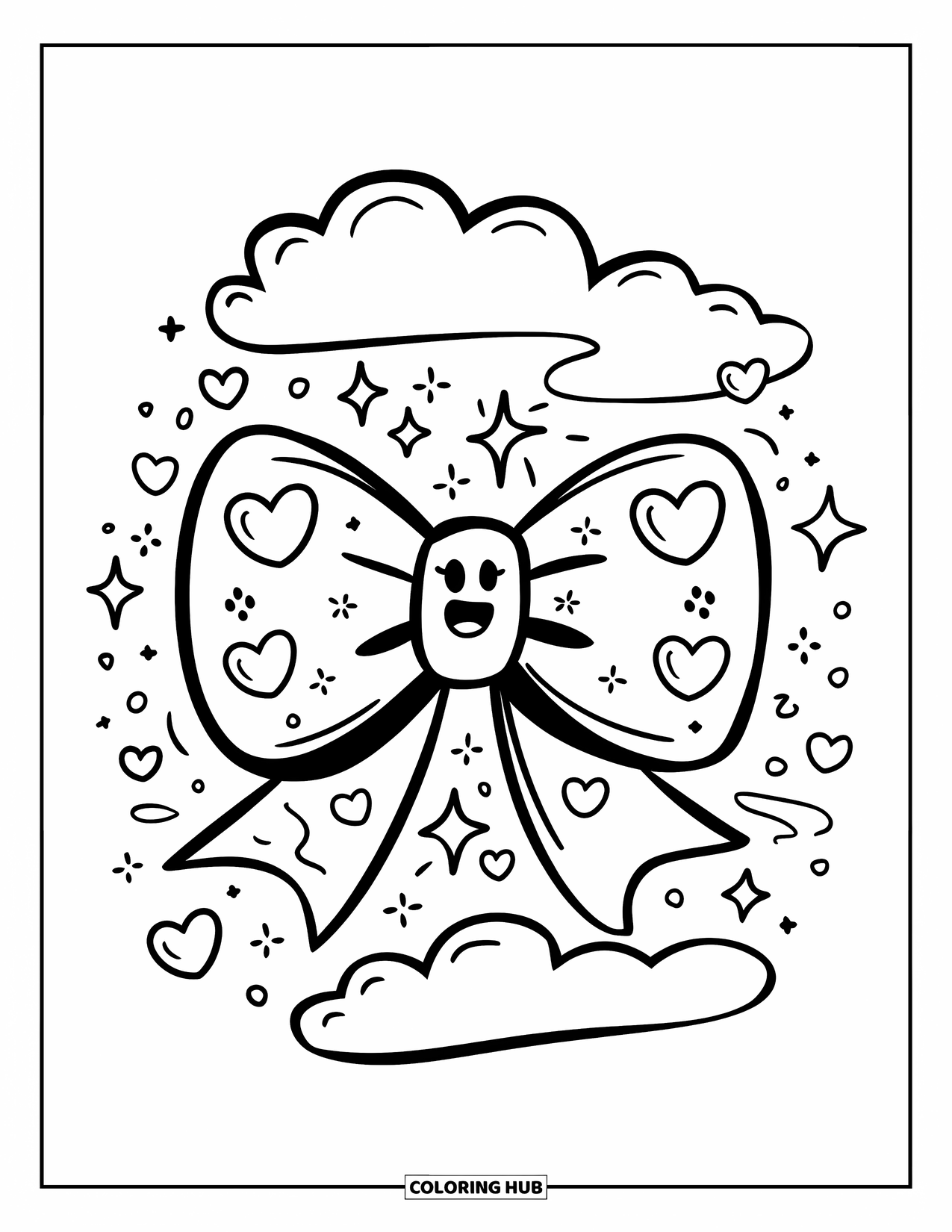 Bow Coloring Page for Adults: A smiling bow with floating hearts and twinkling stars, surrounded by sparkles and clouds