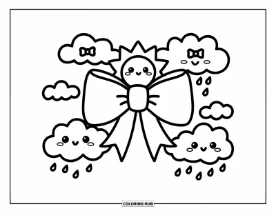 Dibujo de lazo para colorear para adultos: Un sol sonriente descansando sobre un lazo, con nubes lindas usando pequeños lazos y gotas de lluvia en forma de corazón