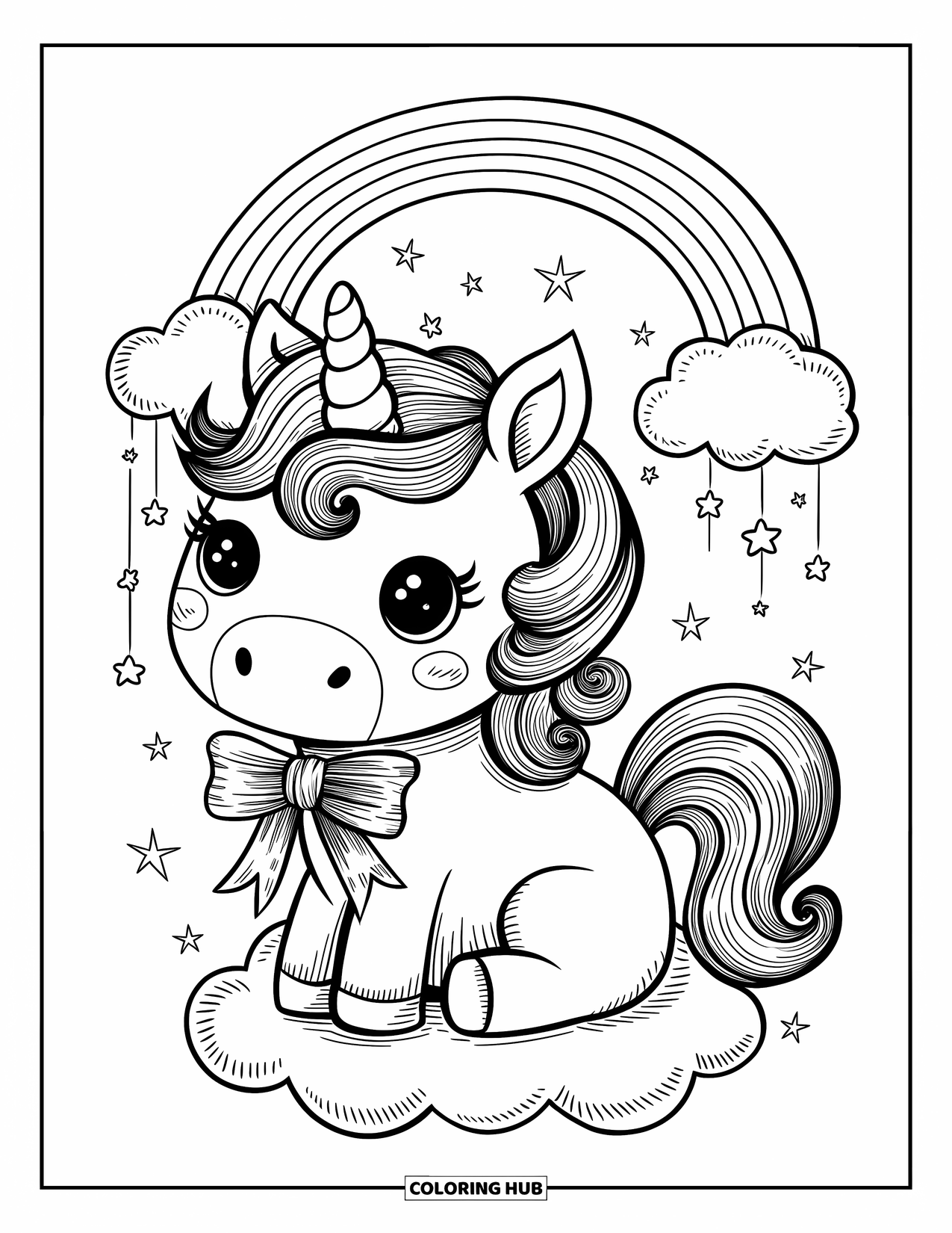 Bow Coloring Page for Adults: A tiny unicorn with a curly mane, wearing a bow and surrounded by stars and a rainbow