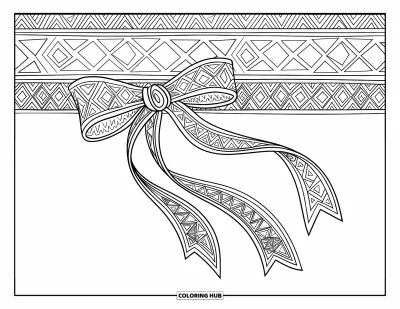 Dibujo de lazo para colorear para adultos: Un lazo con patrón tribal con cintas fluidas, sobre un fondo lleno de diseños a juego