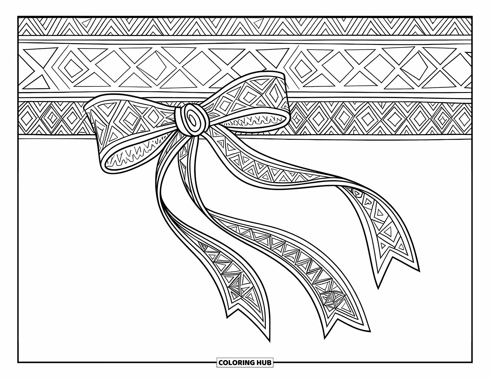 Bow Coloring Page for Adults: A tribal-patterned bow with flowing ribbons, set against a background filled with matching designs