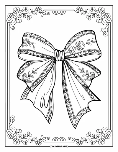 Dibujo de lazo para colorear para adultos: Un lazo de estilo vintage con patrones de encaje, bordados delicados y grabados florales