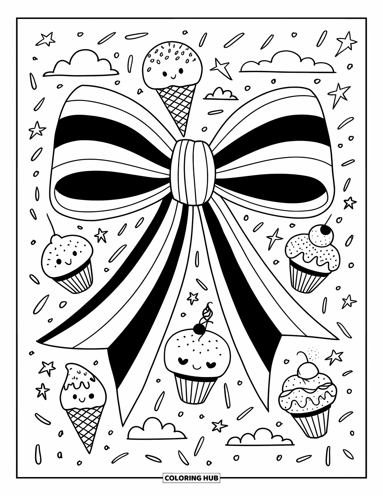 Bow Coloring Page for Adults: A whimsical bow with happy cupcakes and ice cream, floating in a world of sprinkles and clouds