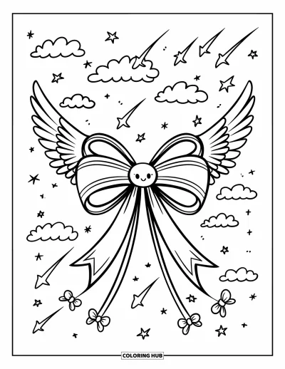 Dibujo de lazo para colorear para adultos: Un lazo alado caprichoso con pequeños lazos colgantes, descansando en un cielo lleno de estrellas y nubes