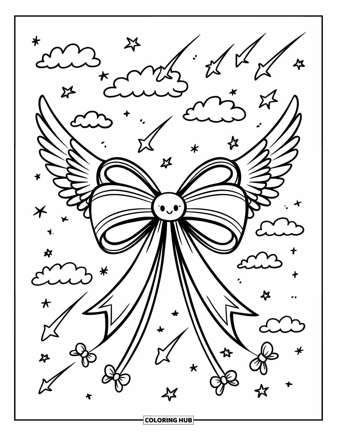 Bow Coloring Page for Adults: A whimsical winged bow with tiny dangling bows, resting in a sky full of stars and clouds