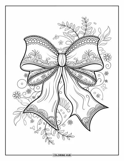 Dibujo de lazo para colorear para adultos: Un elegante lazo vintage con bordados, colocado entre patrones florales y elementos decorativos