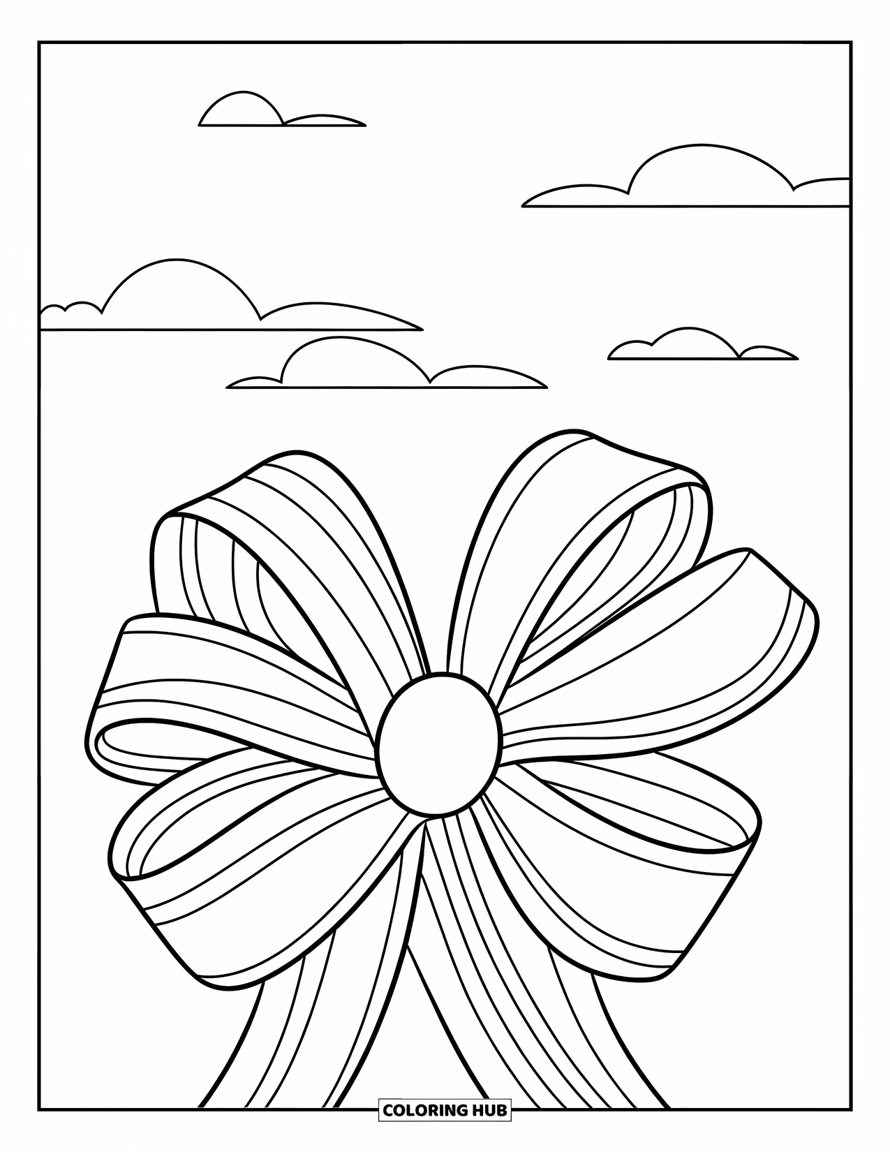 Bow Coloring Page for Kids: A beautifully designed bow with layered loops, placed on a cylindrical object