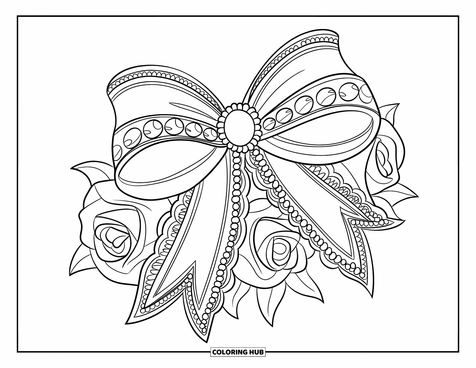 Bow Coloring Page for Kids: A beautifully detailed bow with lace and pearls, tied around a bouquet of roses