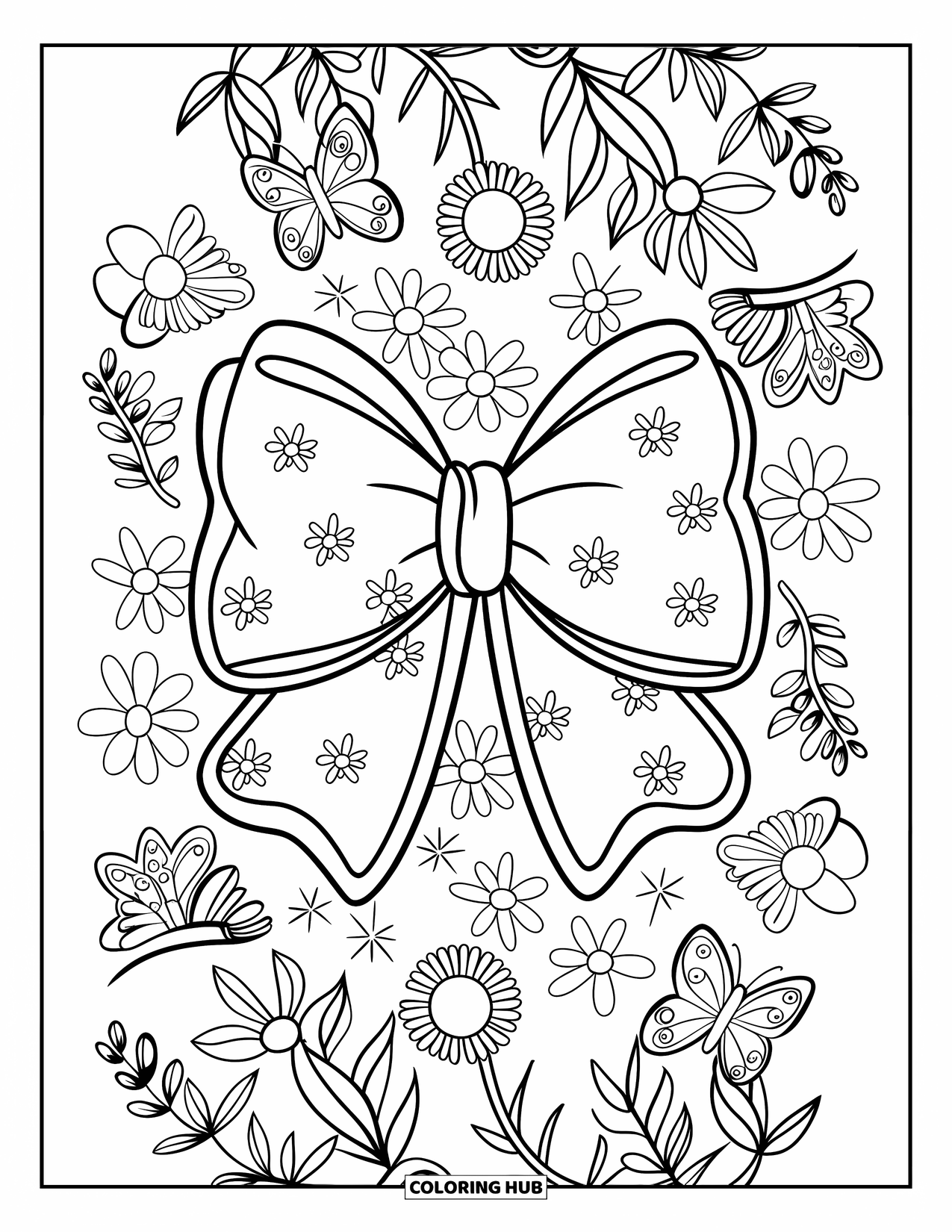 Bow Coloring Page for Kids: A beautifully patterned bow with flowers and butterflies, perfect for a creative design