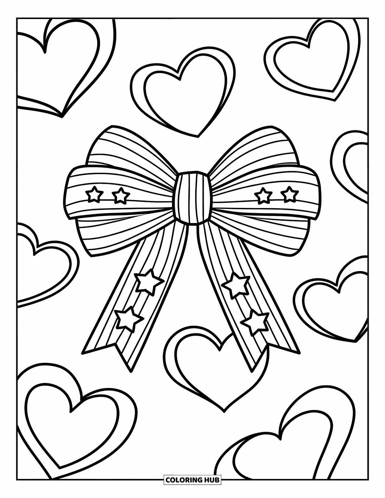 Bow Coloring Page for Kids: A bow with stripes and stars, surrounded by large hearts in a charming, playful design