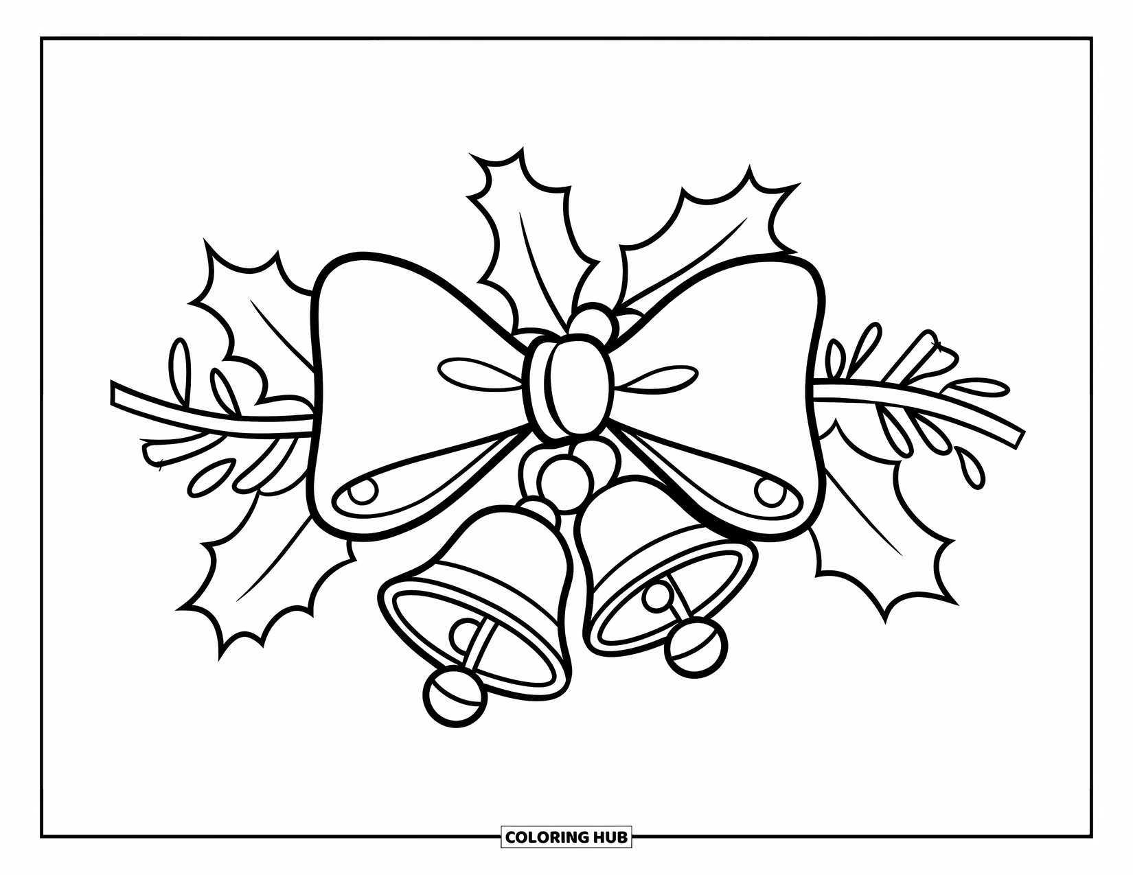 Bow Coloring Page for Kids: A Christmas bow with bells and holly leaves, tied around a festive branch