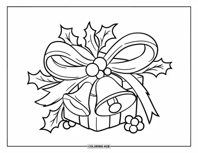 Dibujo de lazo para colorear para niños: Un lazo con temática navideña con campanas y acebo, atado alrededor de un regalo bellamente envuelto