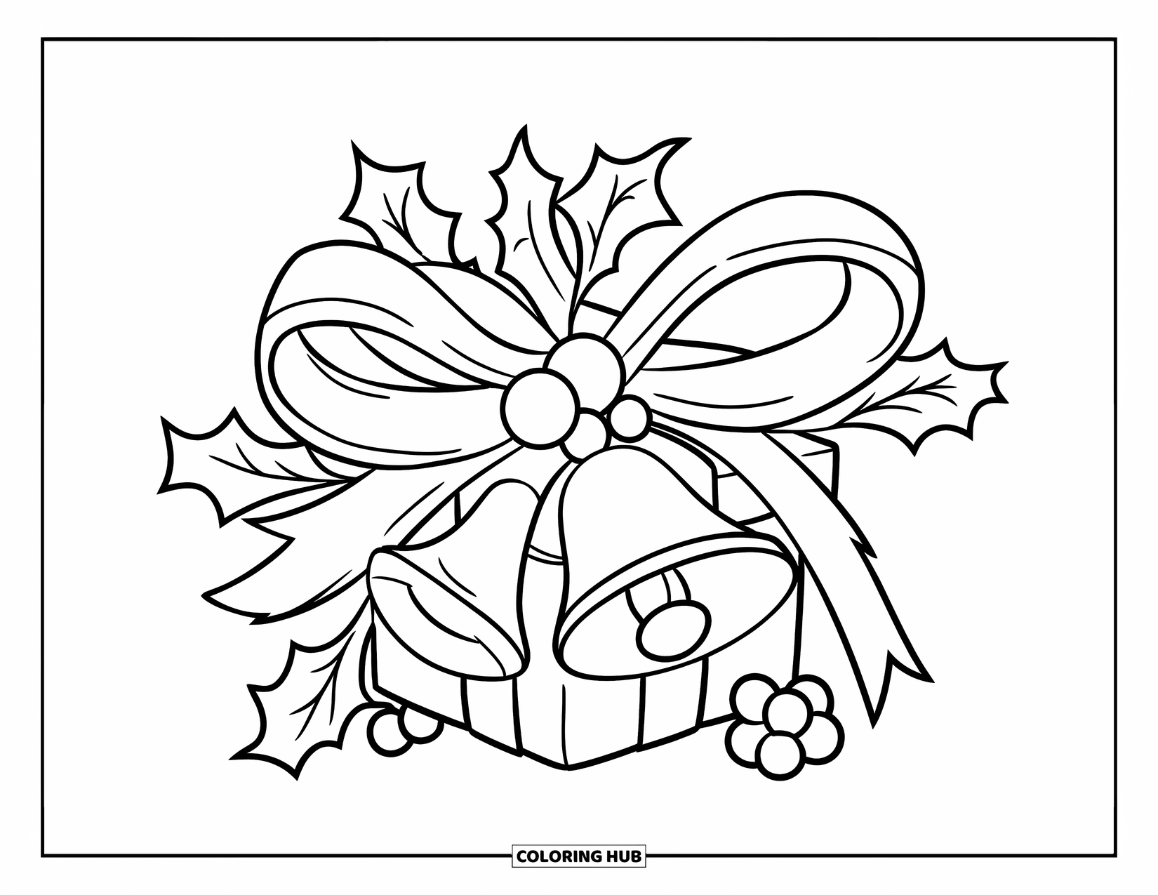 Bow Coloring Page for Kids: A Christmas-themed bow with bells and holly, tied around a beautifully wrapped gift