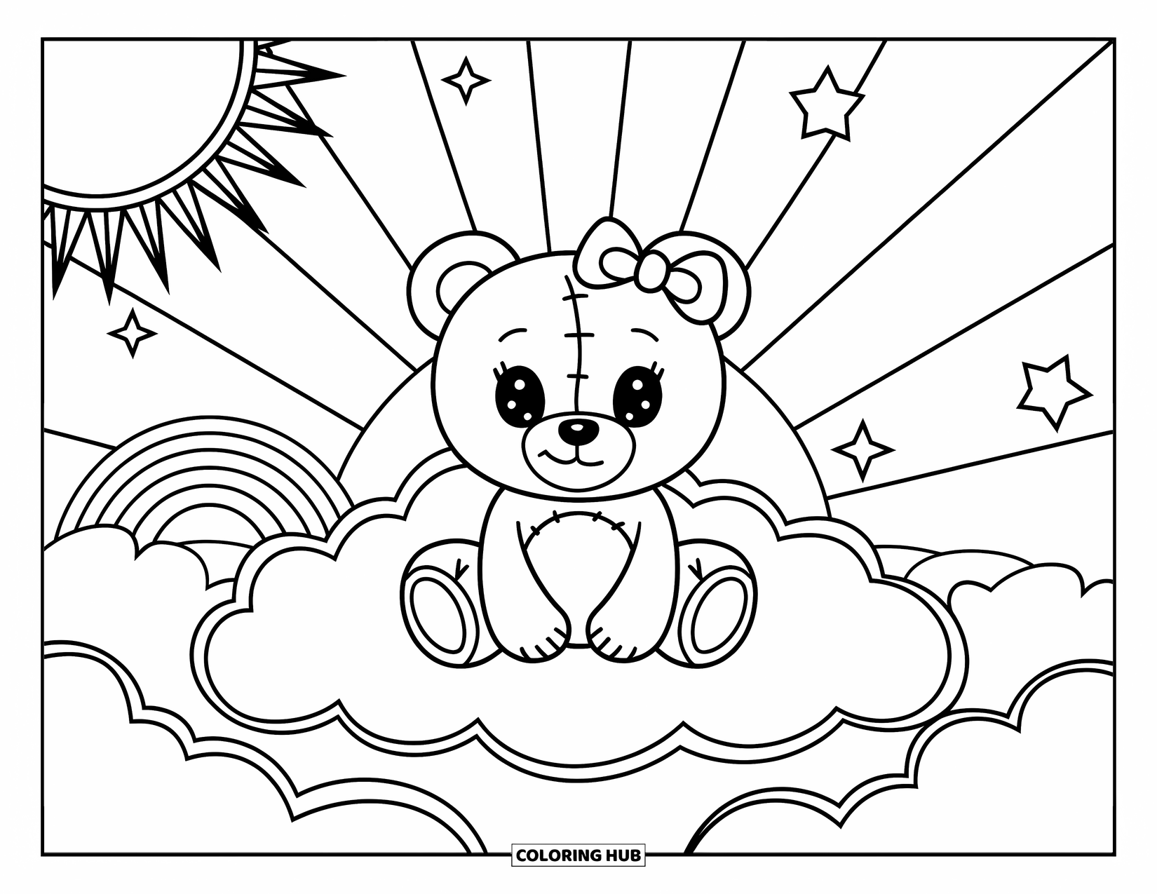 Bow Coloring Page for Kids: A cuddly teddy bear with a bow, resting on a fluffy cloud with rainbows and stars