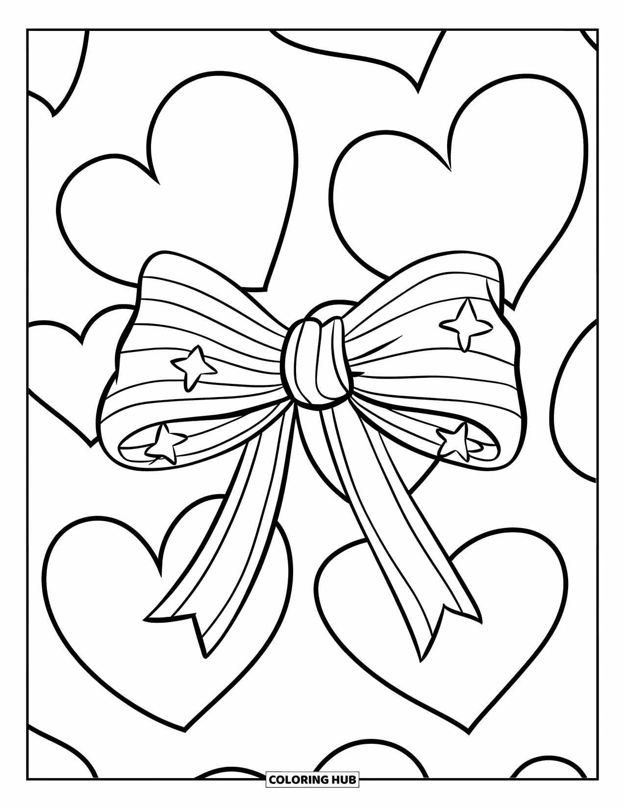 Bow Coloring Page for Kids: A cute bow with stripes and stars, placed alongside floating hearts in a fun design