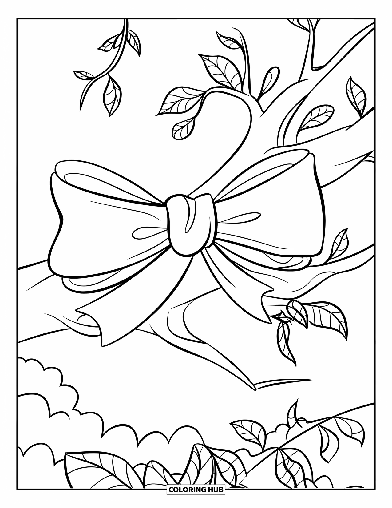 Bow Coloring Page for Kids: A decorative bow on a tree branch, with leaves and a perched bird nearby