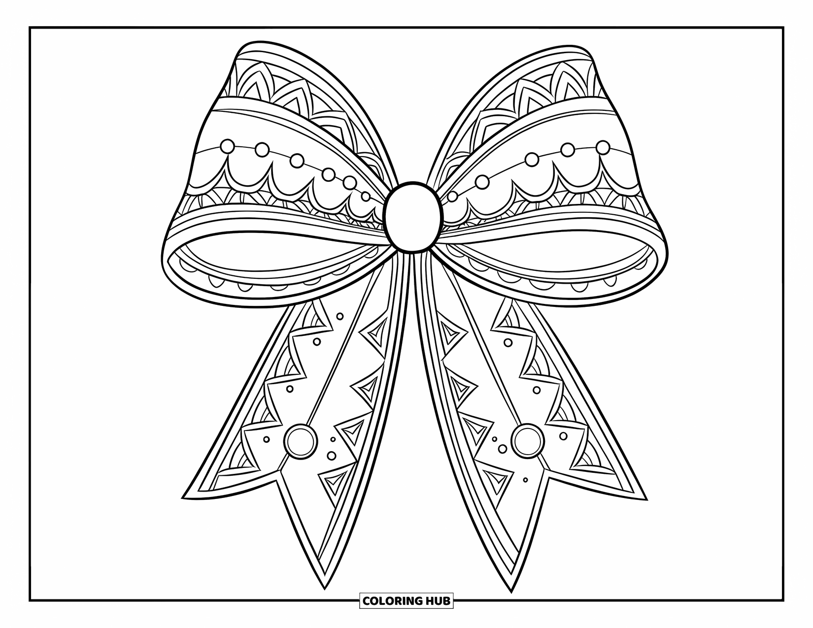 Bow Coloring Page for Kids: A decorative bow with lace patterns and pearls, tied around a delicate ribbon