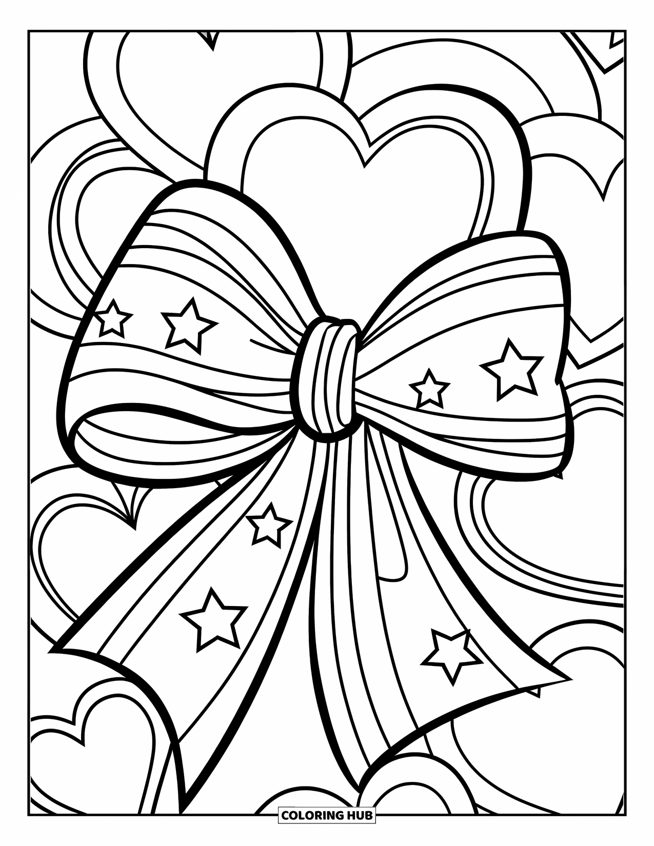 Bow Coloring Page for Kids: A decorative bow with starry patterns, gently tied around hearts in a playful setting